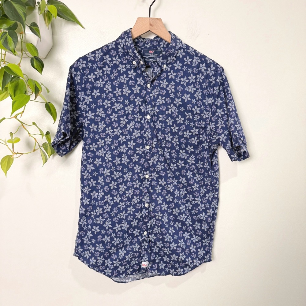 Vineyard Vines Mens Slim Fit Murray Shirt Navy Blue Floral Short Sleeve Small